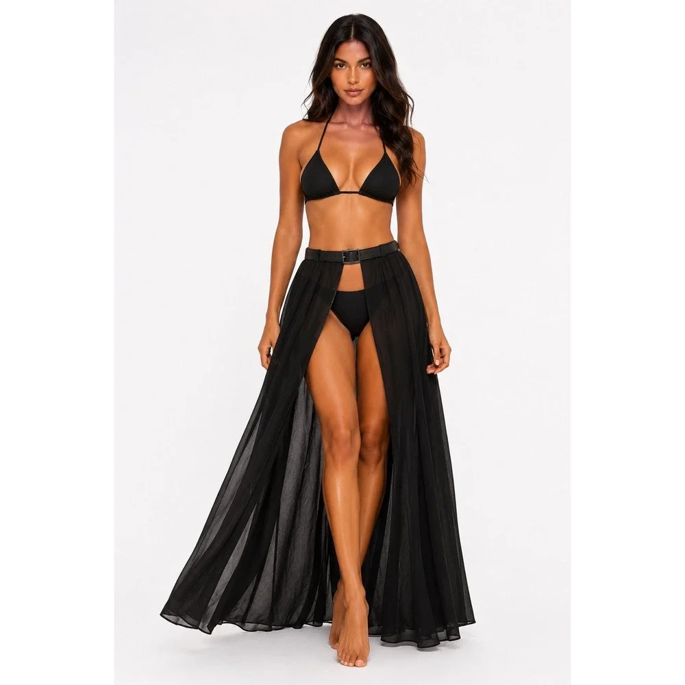 Kikiriki Black Sheer Beach Cover Up Maxi Sarong Belted Swim Cover S